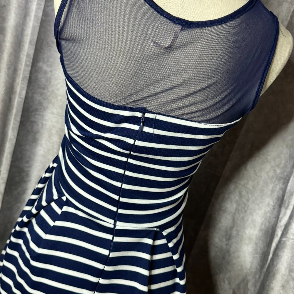 Poof Junior Navy & White Striped Mini Fit Flare Dress Coastal Nautical - Picture 3 of 7